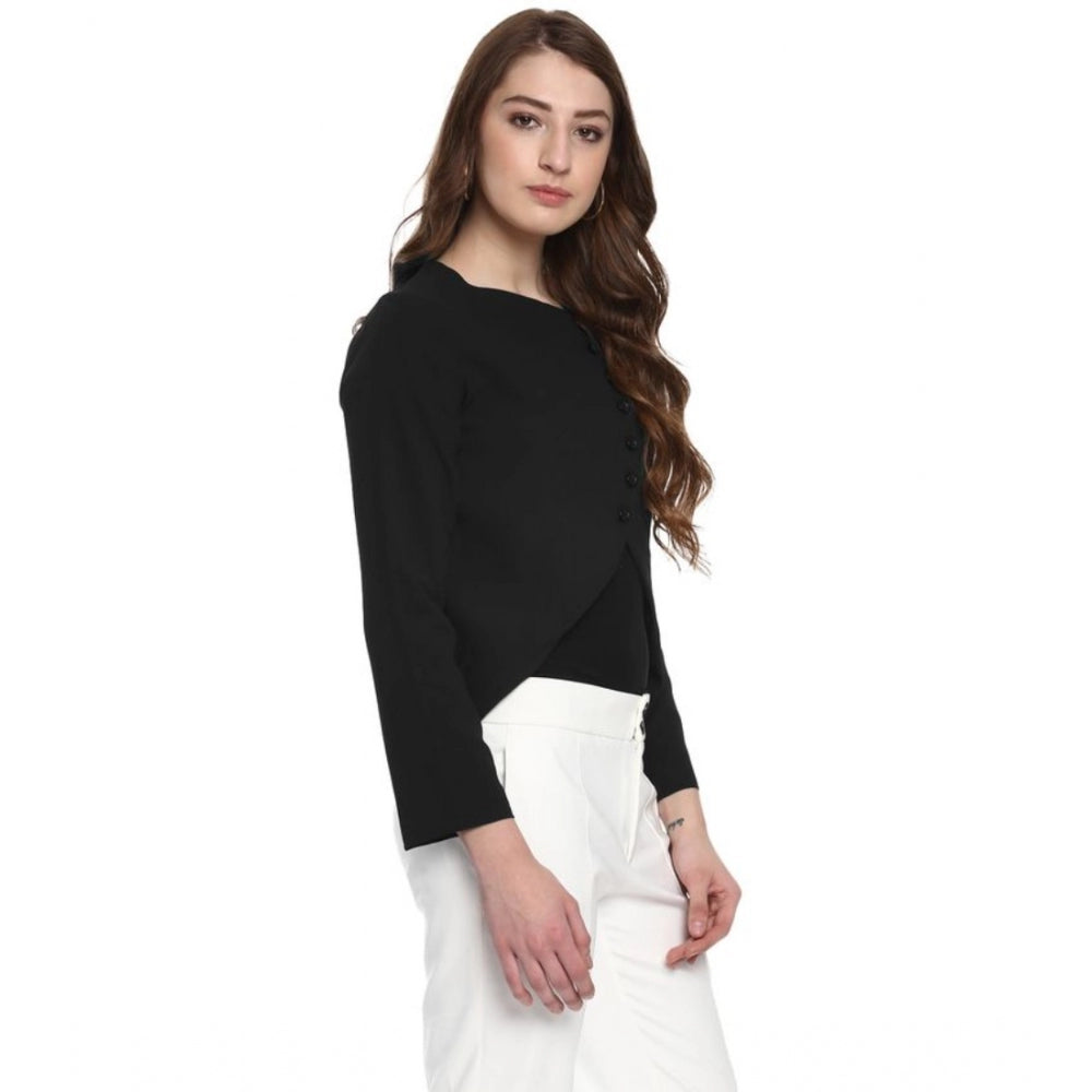 Black polyester diagonal cut long sleeves blazer with round neck, perfect for women's professional wear
