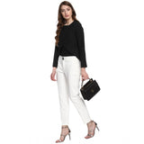 Black polyester diagonal-cut blazer with long sleeves and round neck, ideal for professional women's wear