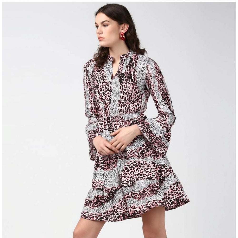 Pink and black animal print bell sleeve dress with ruffled hem, knee length
