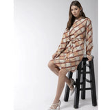 Womens long-sleeve dress, polyester checkered pattern, knee-length, off white base color