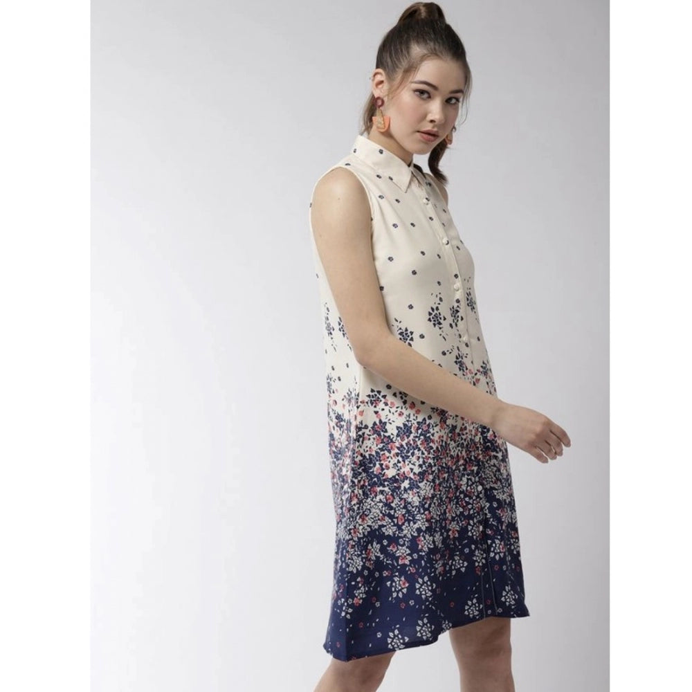 Women's cream sleeveless dress with floral pattern and knee length