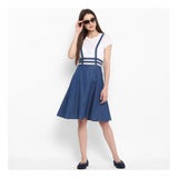 Blue denim solid shoulder strap dress with a below knee length