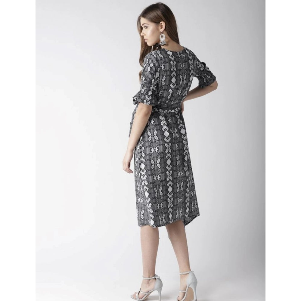 Black and white women's polyester knee-length short sleeve dress with animal print pattern