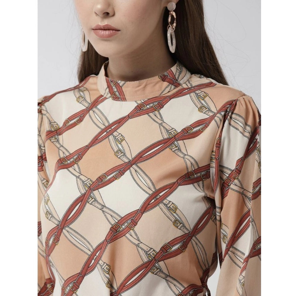 Polyester, above-knee, long sleeves dress, checkered pattern, off white base, brown accents