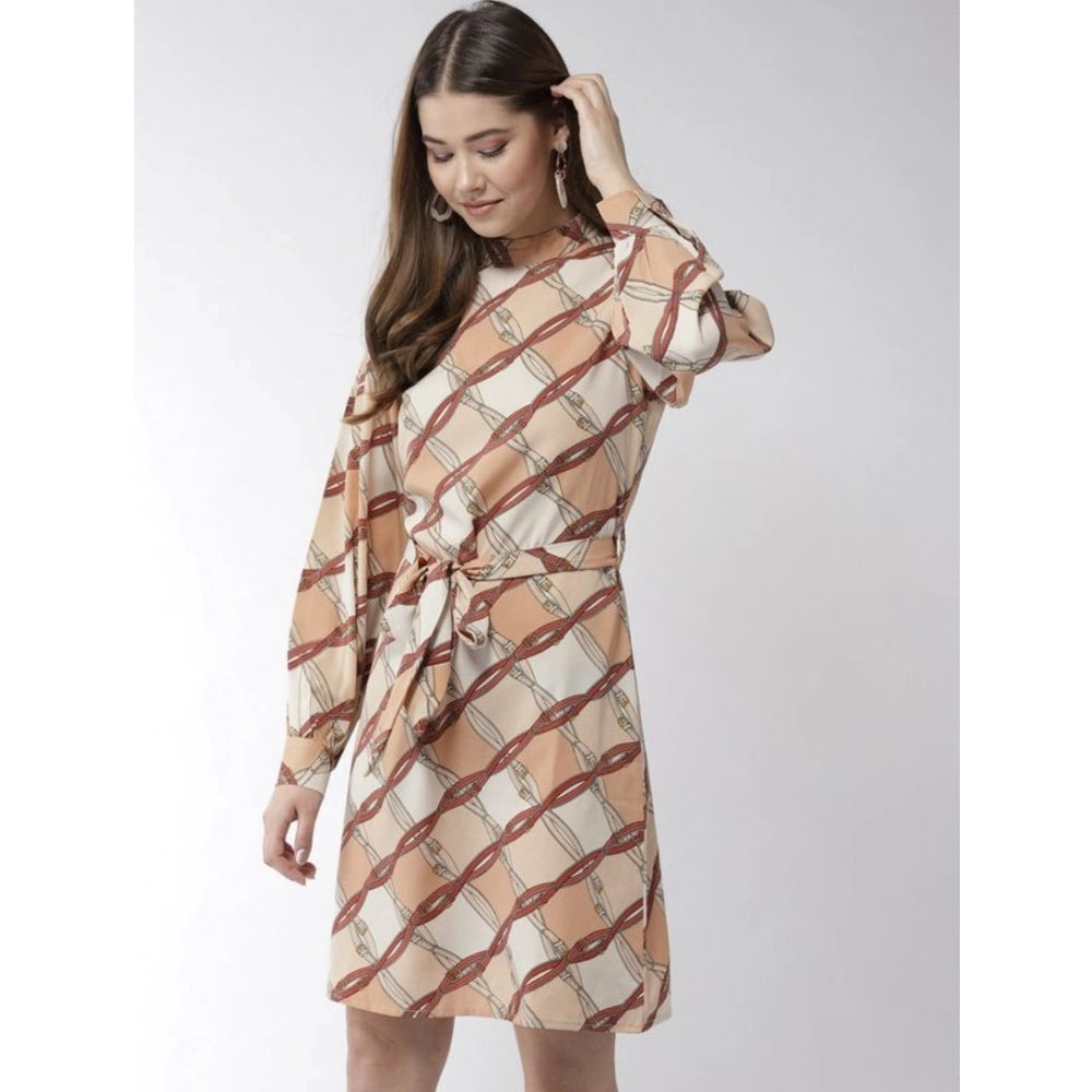 Women's long sleeved dress in brown and white pattern. Off white background, off shoulder design, mid length sleeves