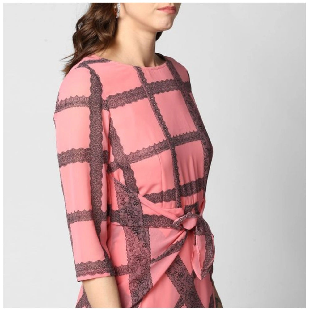 Pink checkered polyester dress, 34" sleeves, below-knee length for women