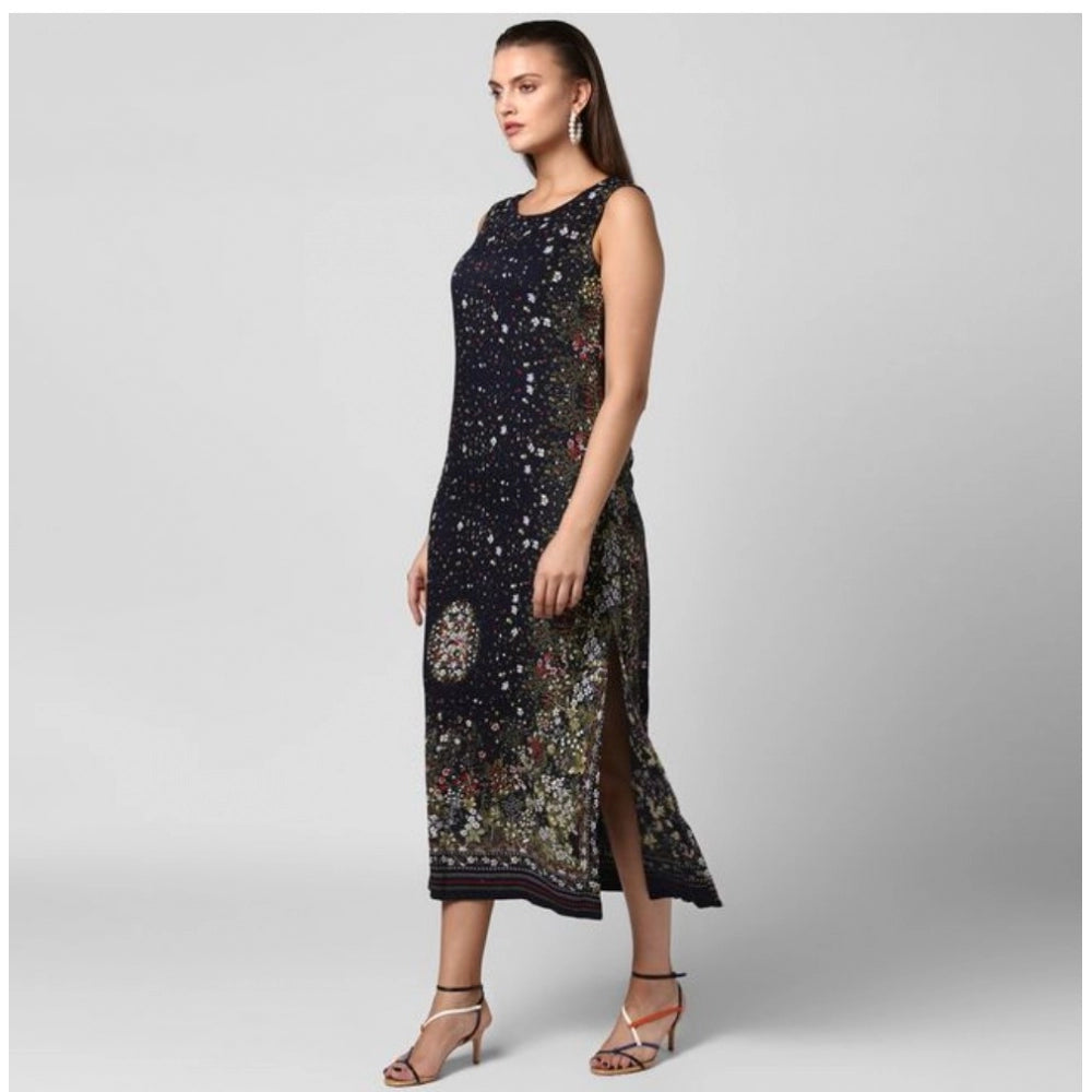 Black sleeveless rayon floral women's dress calflength