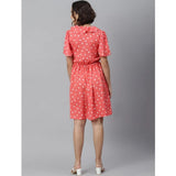 Womens red polyester polka dot above knee dress with fluted skirt