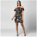 Women's Polyester Floral Cold Shoulder Above Knee Dress (Black)