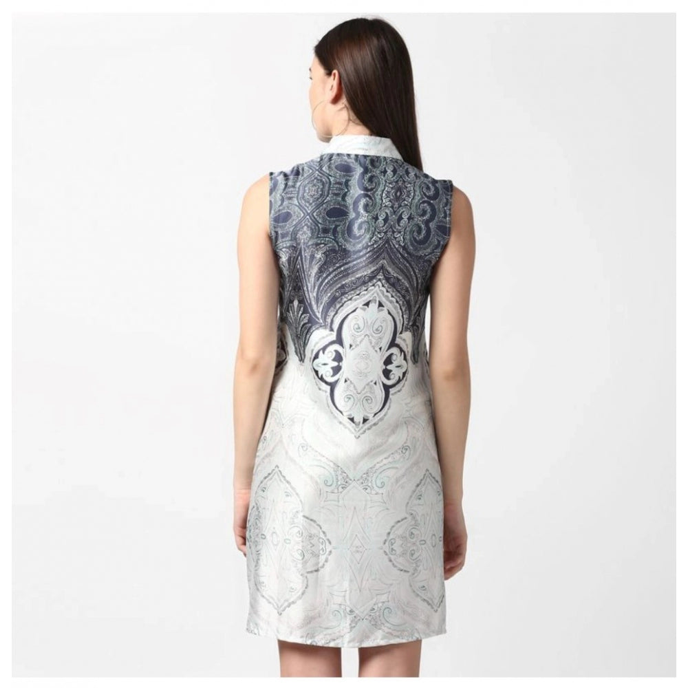 Mid-thigh length, blue and white floral pattern, sleeveless women's dress