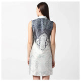 Mid-thigh length, blue and white floral pattern, sleeveless women's dress
