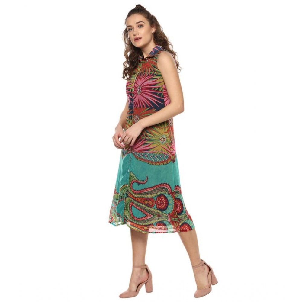 Women's multicolor polyester sleeveless below knee dress