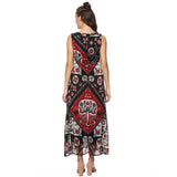 Red and black printed sleeveless maxi dress with a pattern