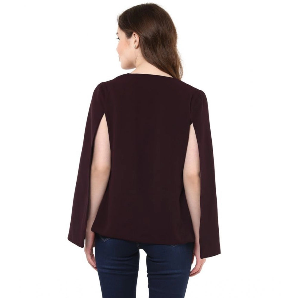Wine polyester solid cape sleeve blazer for women, round neck, wearable on a mannequin