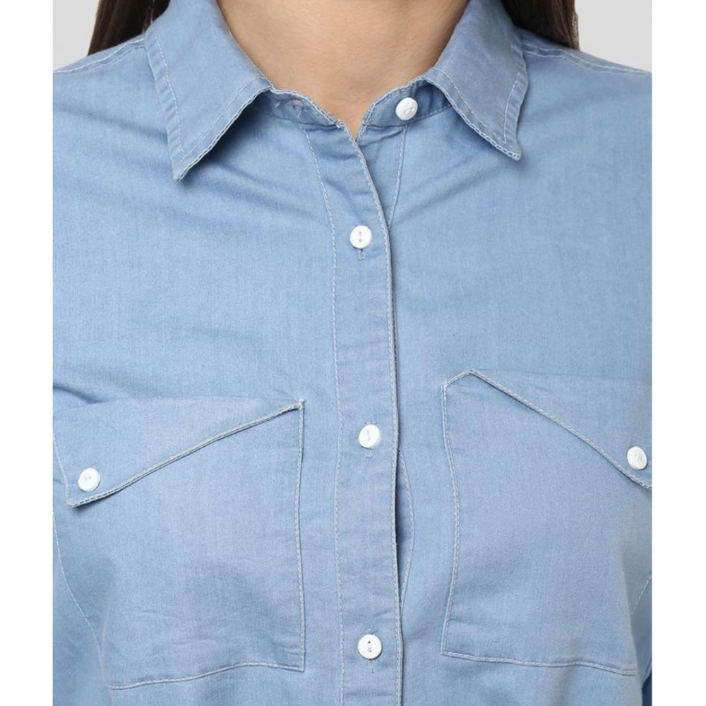 Womens solid long sleeves denim dress above knee, blue