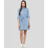 Women's solid blue denim long sleeve dress above knee length