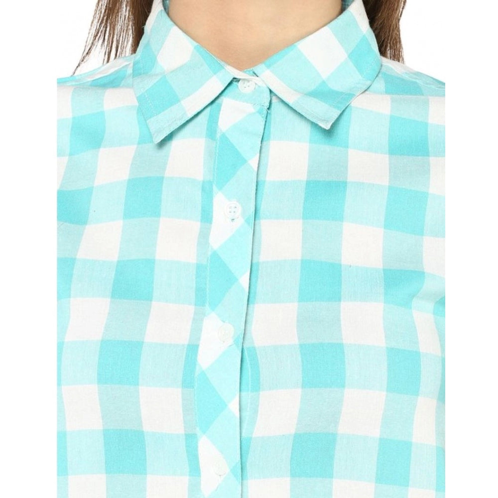 Blue and white checkered women's short sleeved above knee dress