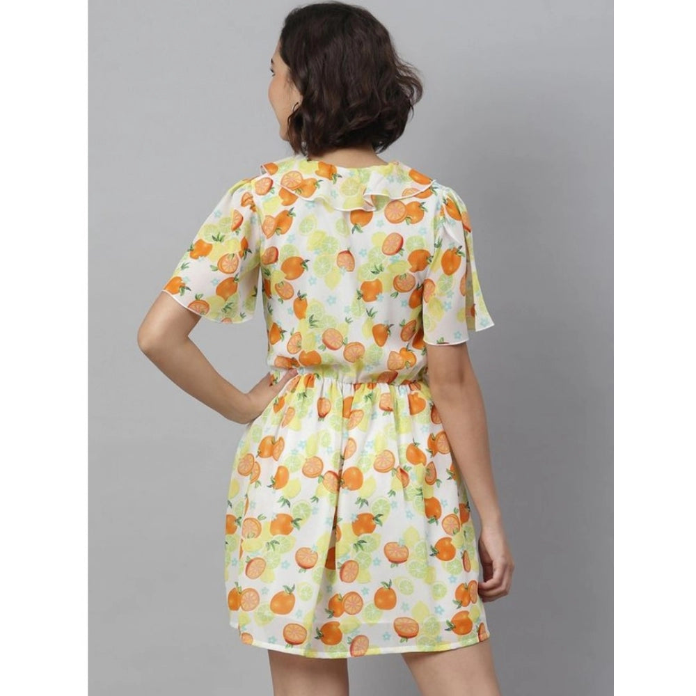 Womens short printed sleeveless dress, yellow and orange fruit print