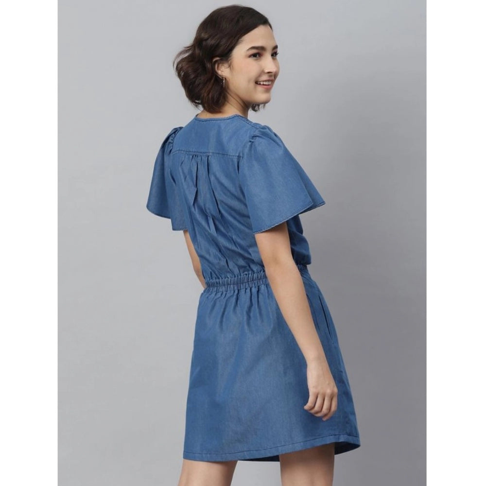 Women's Denim Solid Flutter Above Knee Dress (Blue) - GillKart