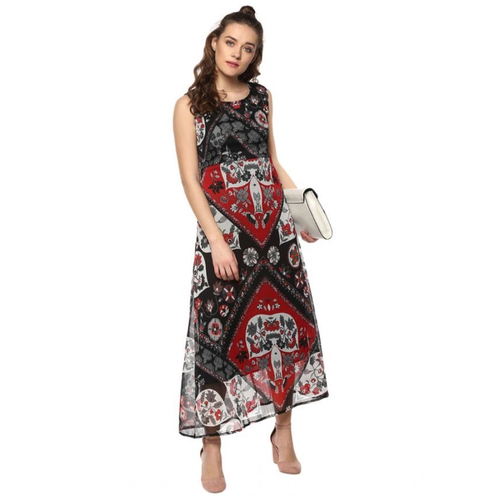 Women's sleeveless print dress, red and black, short sleeve