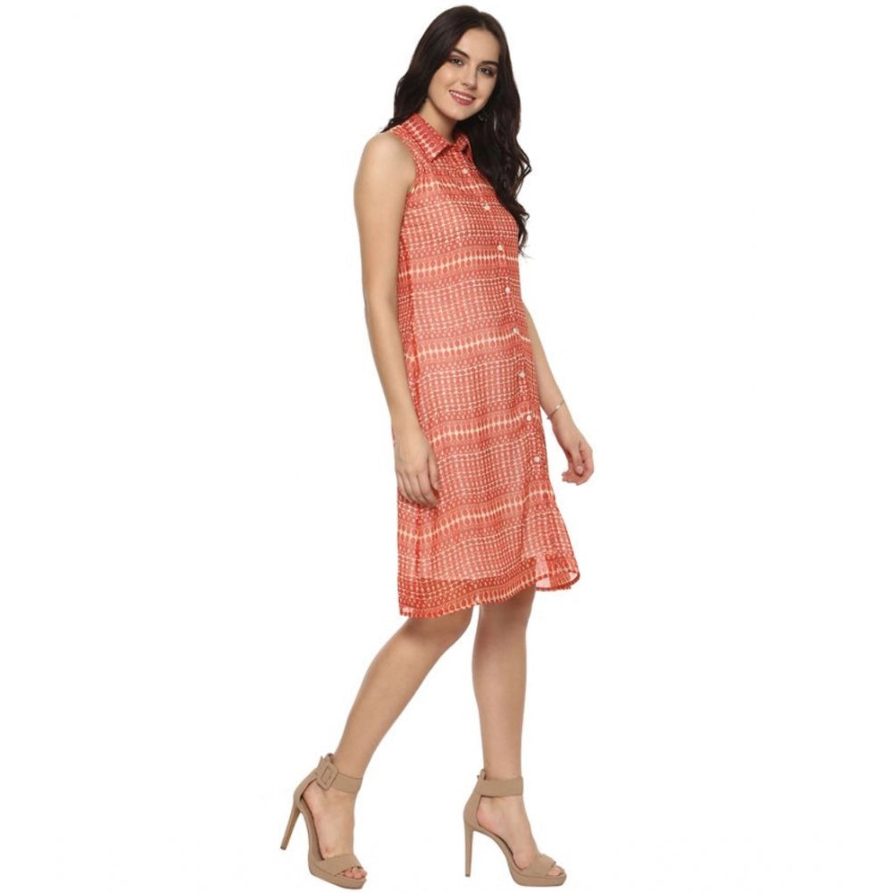 Women's print polyester above-knee dress orange sleeveless
