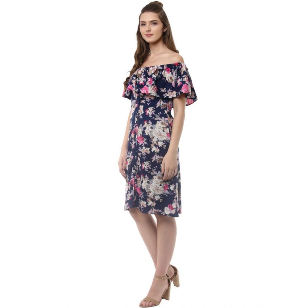 Navy blue polyester crepe floral half sleeve above knee dress