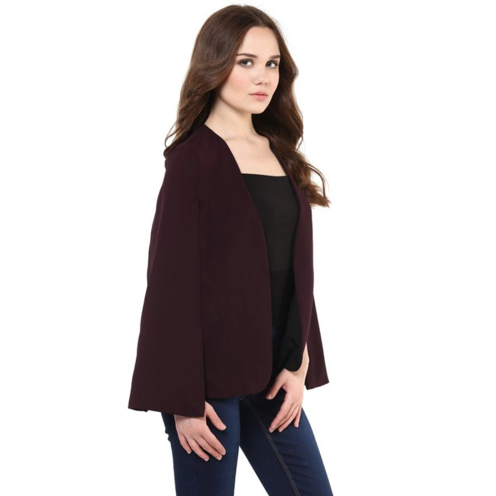 Wine polyester cape sleeve blazer for women, solid design with round neck on display