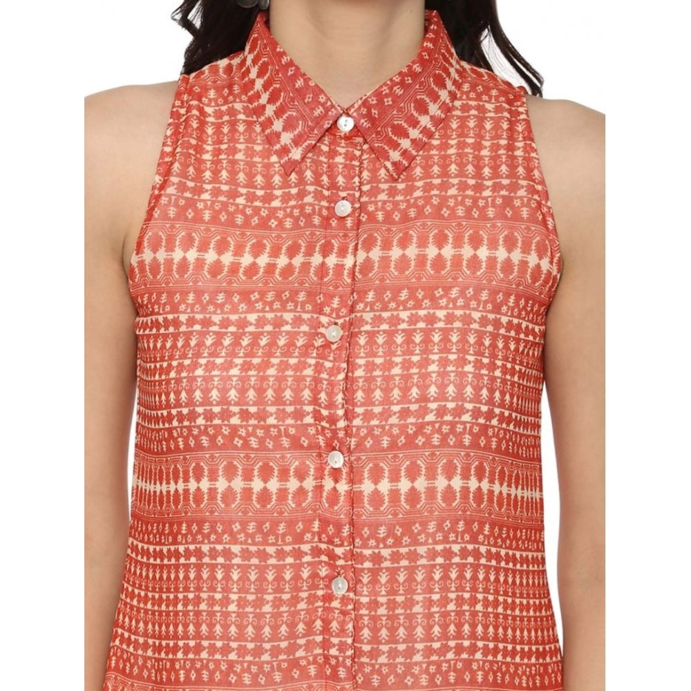 Women's polyester sleeveless above knee dress in orange with a geometric print