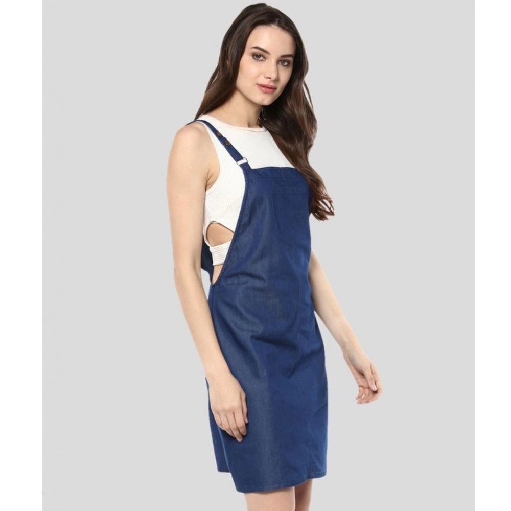 Blue denim women's dress with solid shoulder straps, above-knee length