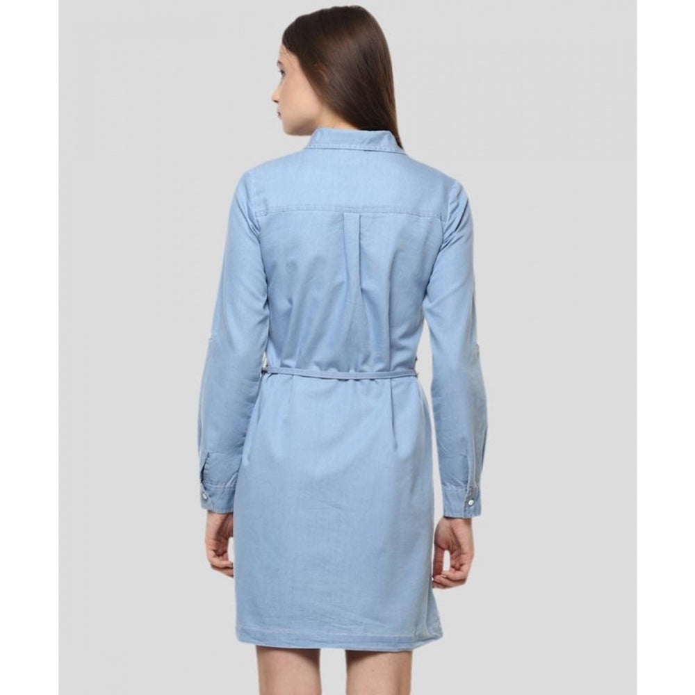 Womens long sleeve denim dress in solid blue, waist length, above knee length