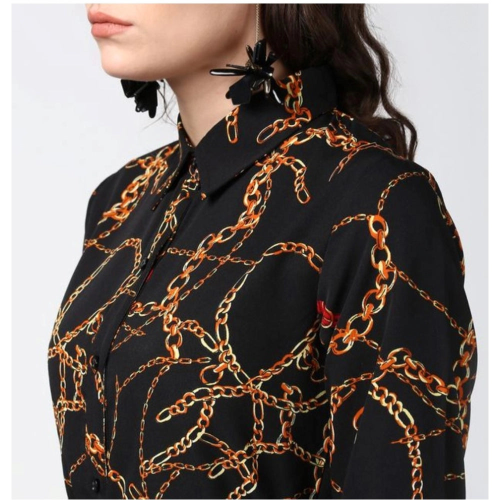Black polyester roll up sleeve dress with yellow chain print below knee