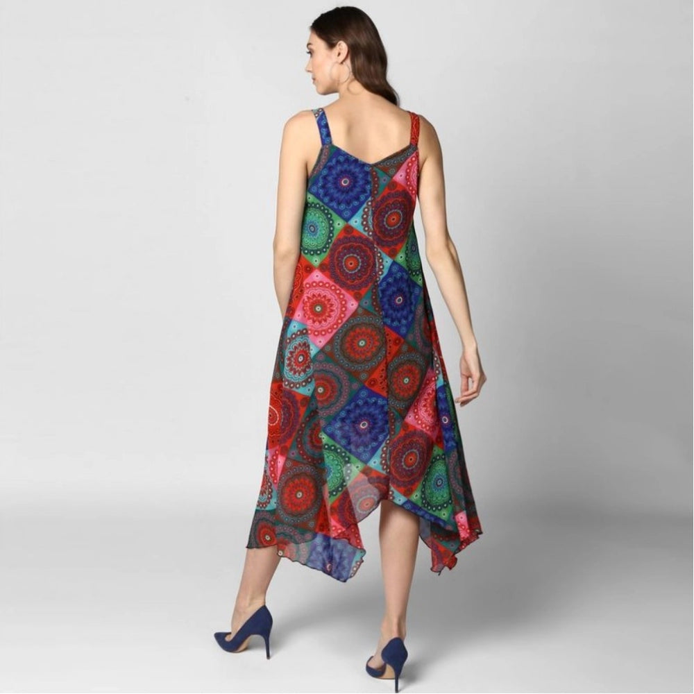 Multi-colored polyester dress with asymmetrical shoulder straps, knee length