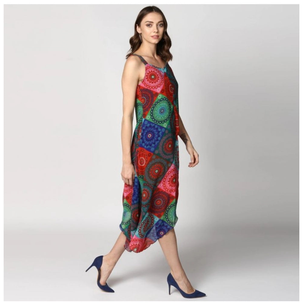 Multi-colored polyester knee-length dress with asymmetrical shoulder straps