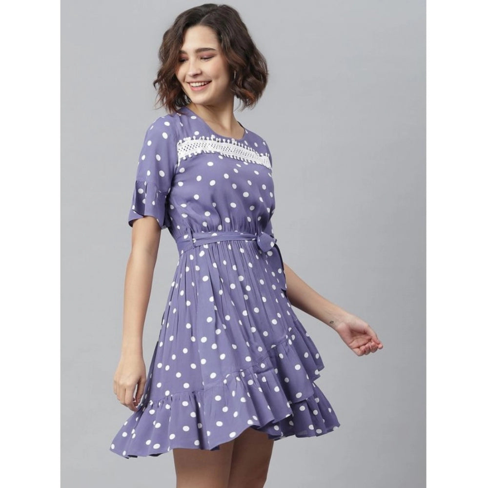 Purple polka dot women's dress with short sleeves, above knee length
