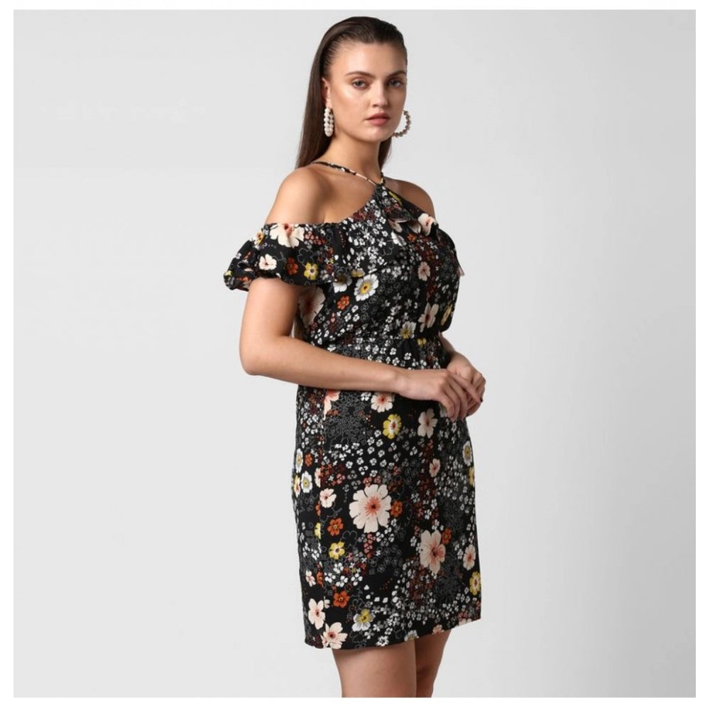 Women's black polyester floral dress with cold shoulder design, above knee length