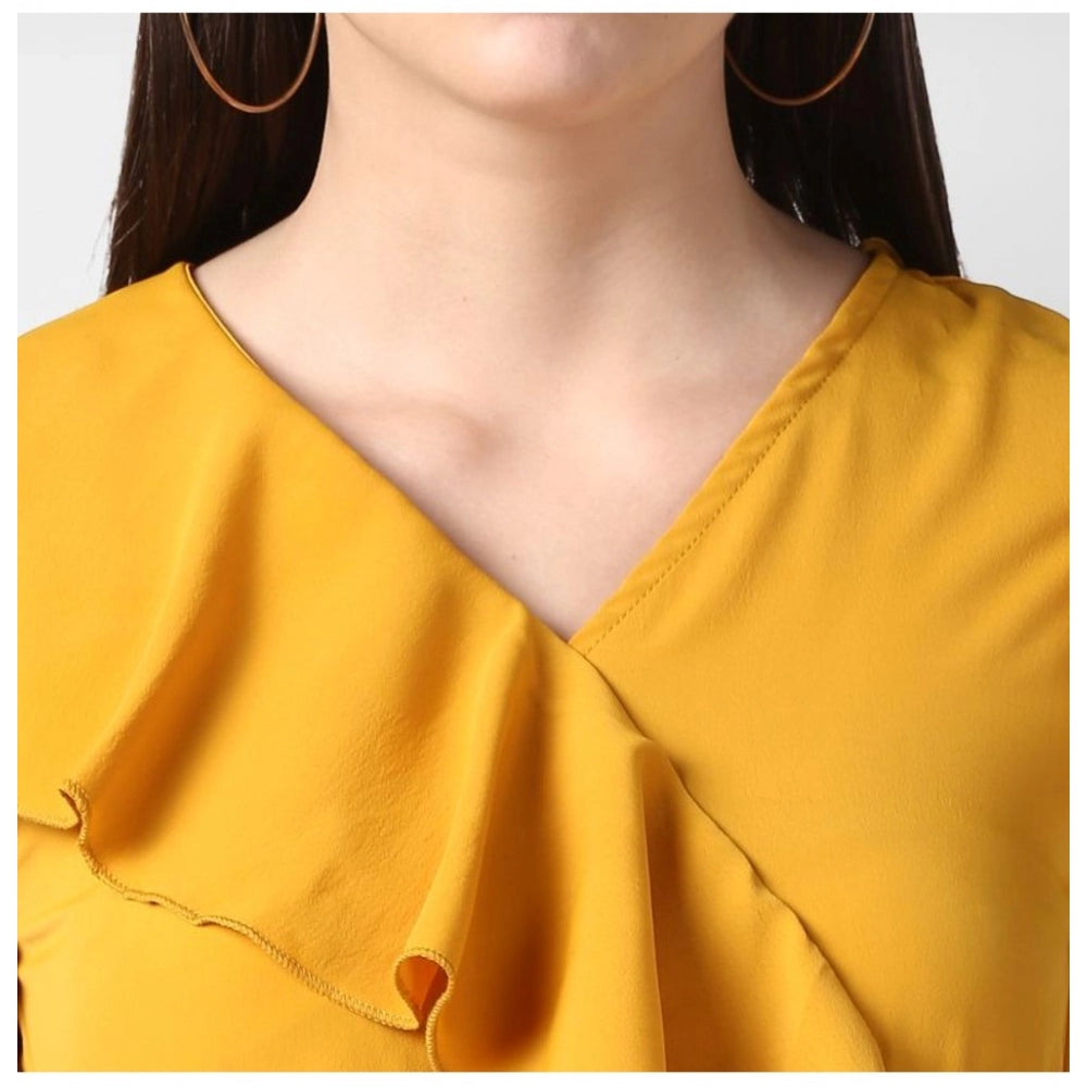 Yellow polyester cap sleeve dress with ruffled neckline