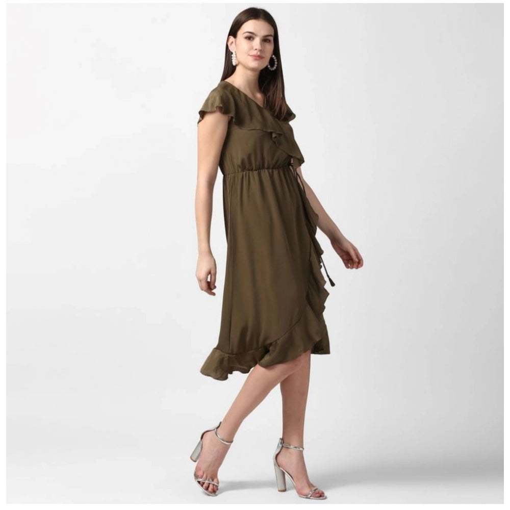 Olive green polyester dress with ruffled cap sleeves, knee length