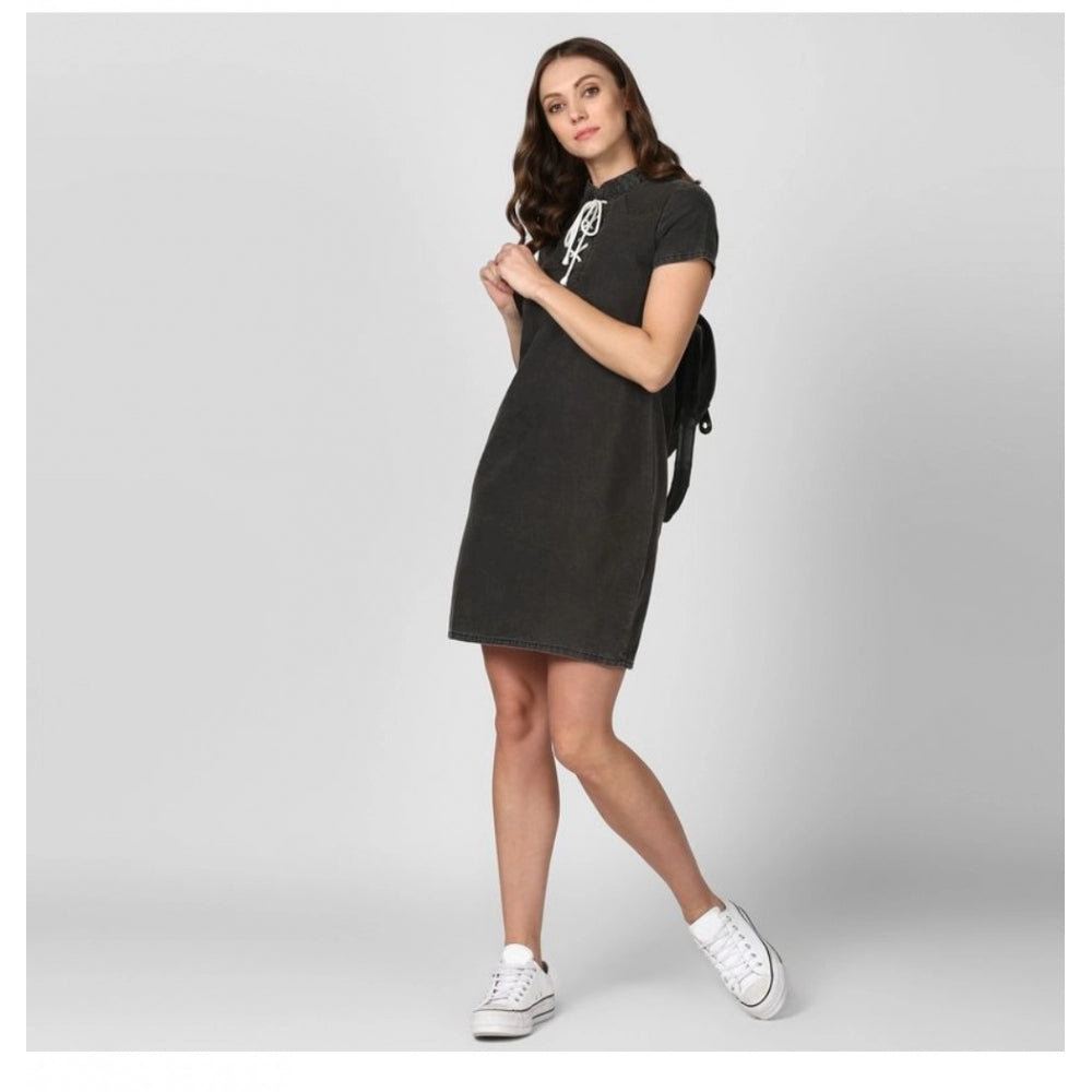 Black denim above knee dress, short sleeves