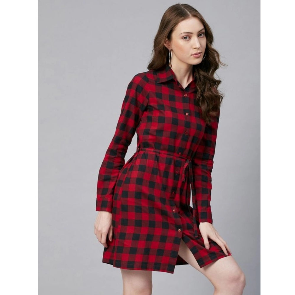 Women's long sleeved checkered above knee dress red and black cotton