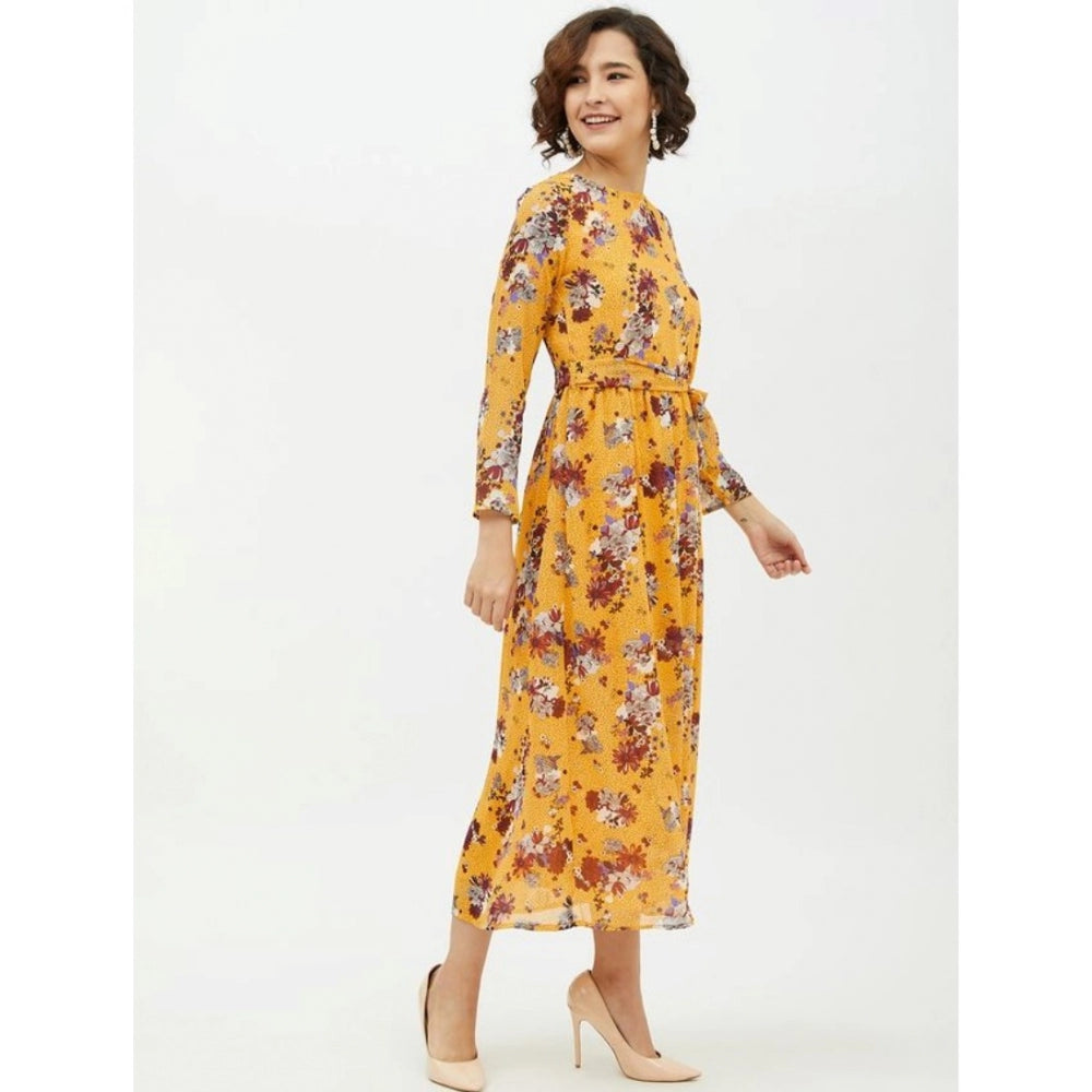 Multicolor polyester floral long-sleeved dress, calflength