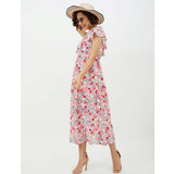 Floral polyester calflength dress in multiple colors, one shoulder design