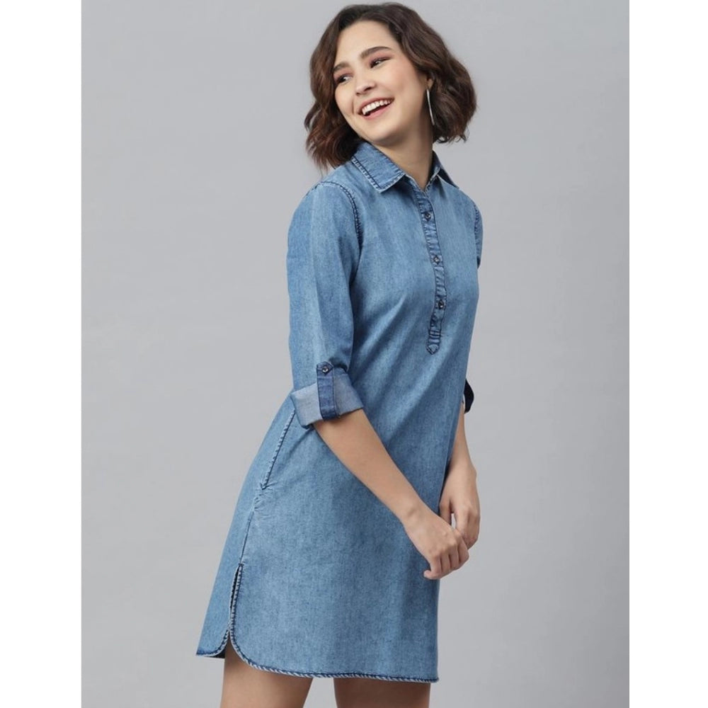 Ice blue denim long-sleeve dress with solid color, women's style, above knee length