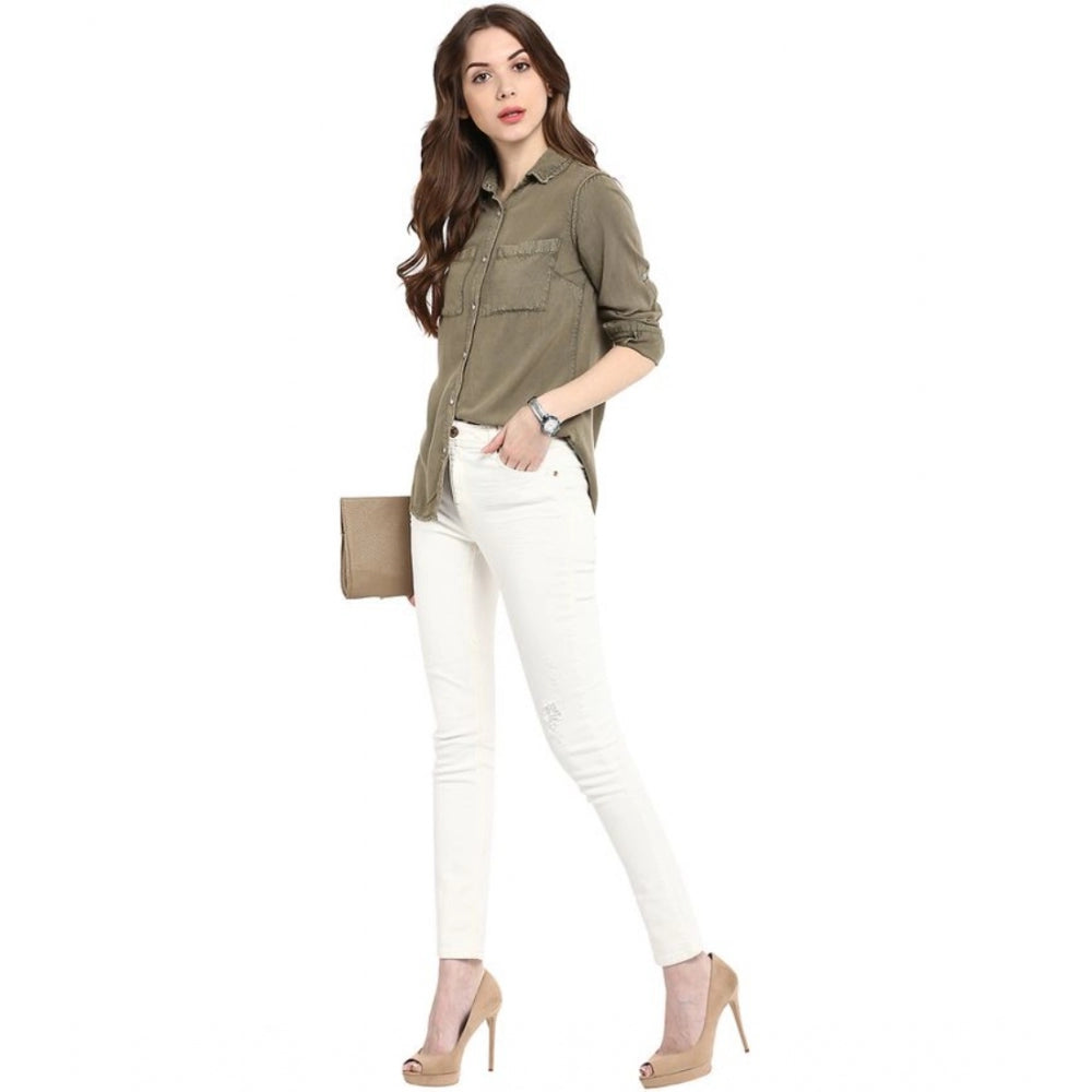 Olive green rayon solid long sleeves shirt for women, standard length style