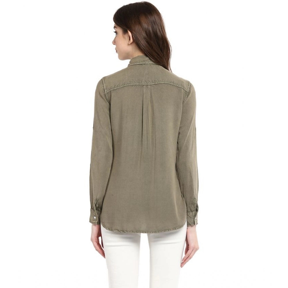 Olive green rayon long sleeve shirt, solid pattern for women's casual wear