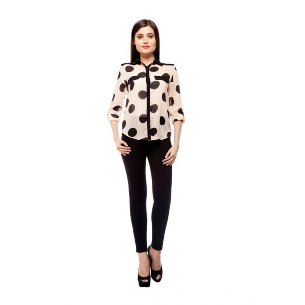 Peach polyester polka roll-up sleeve standard length shirt for women, casual wear with adjustable sleeves