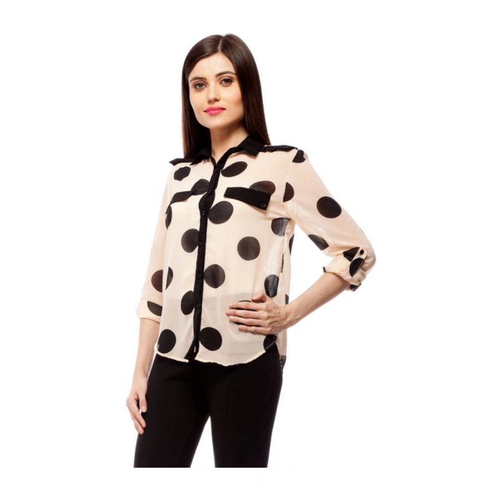 Peach polyester roll up sleeve standard length women's shirt with polka pattern