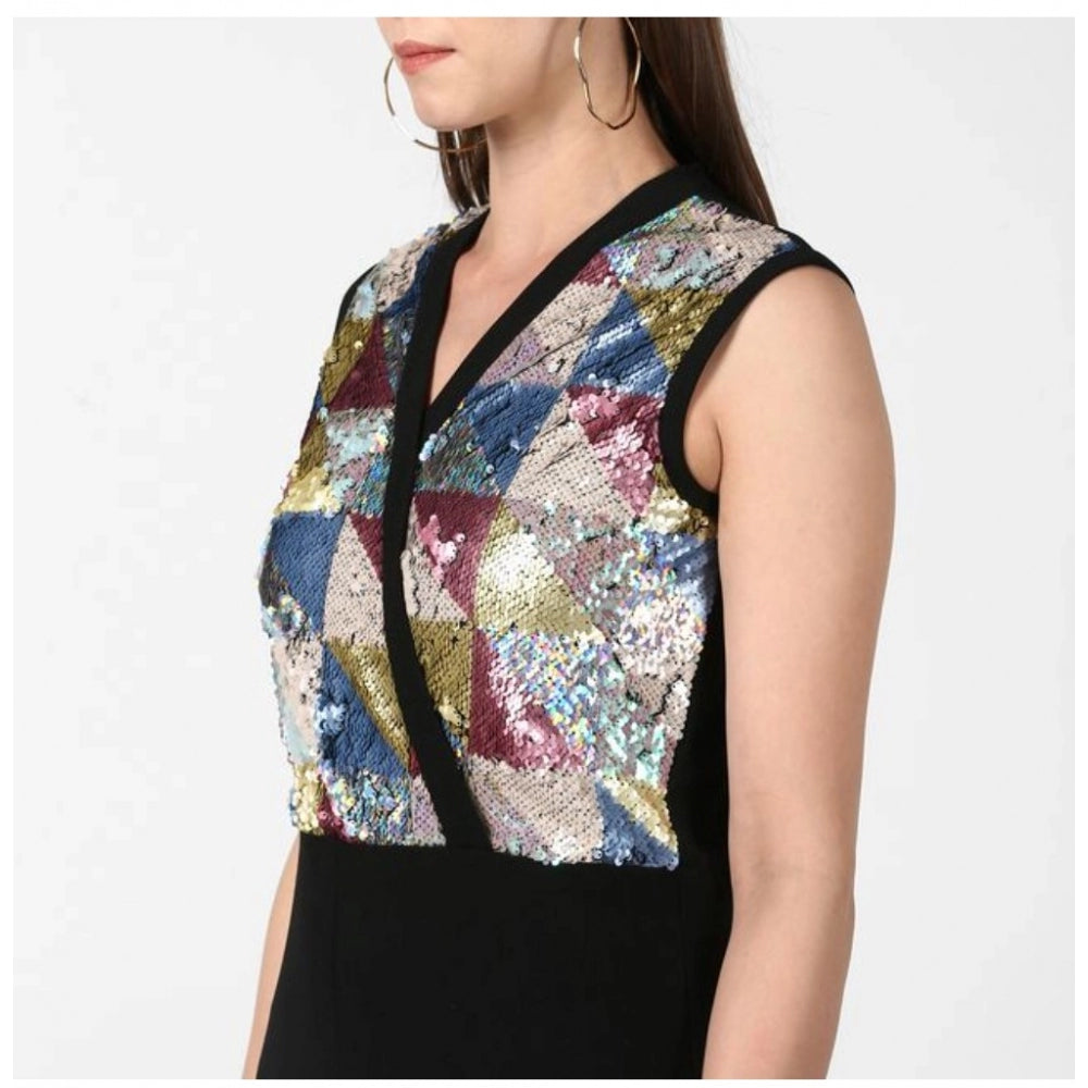 Black polyester sleeveless jumpsuit with sequin embellishments