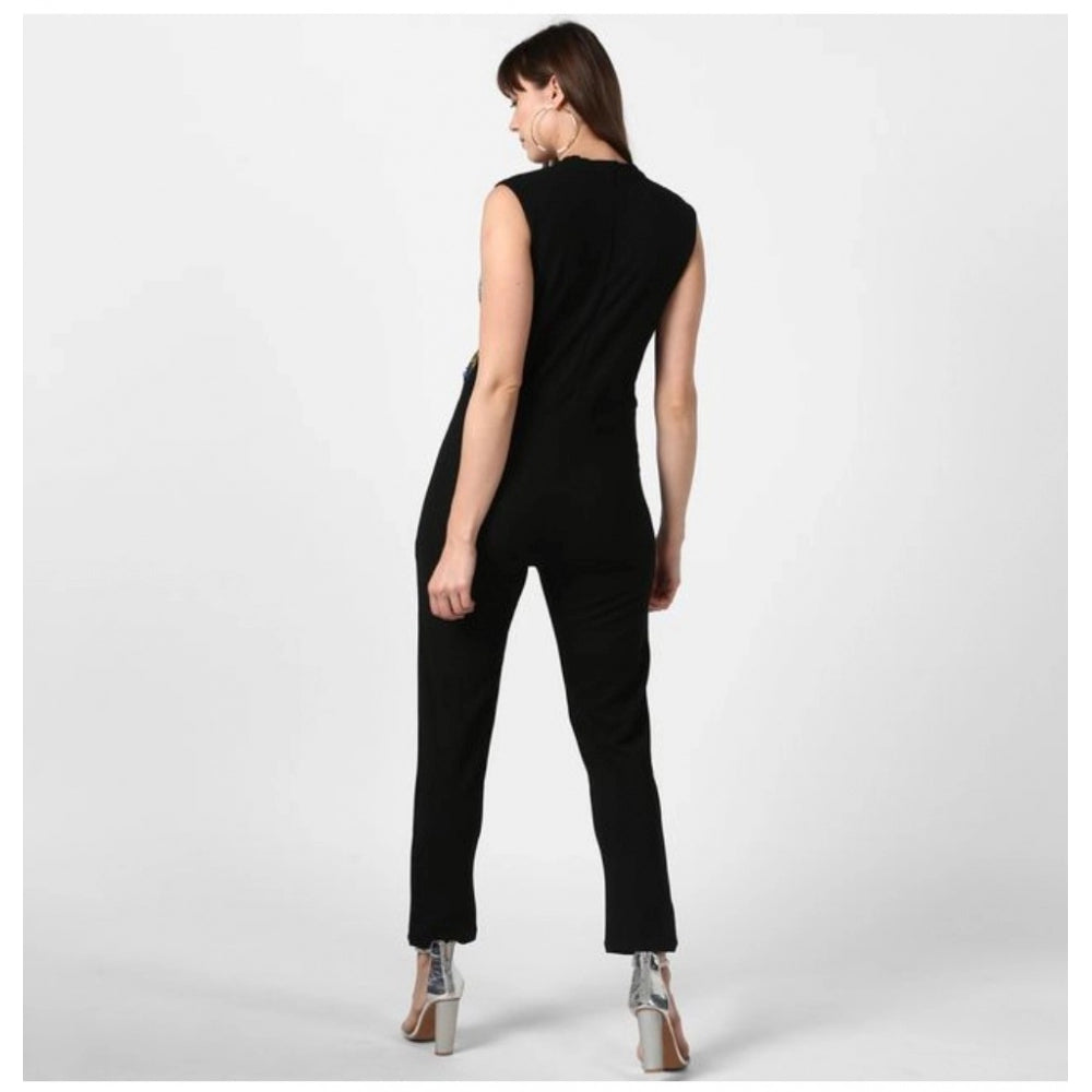 Womens black sleeveless jumpsuit with embellishments, polyester material