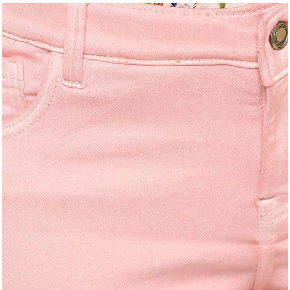 Pink denim women's solid buttoned jeans, comfortable casual wear for everyday style