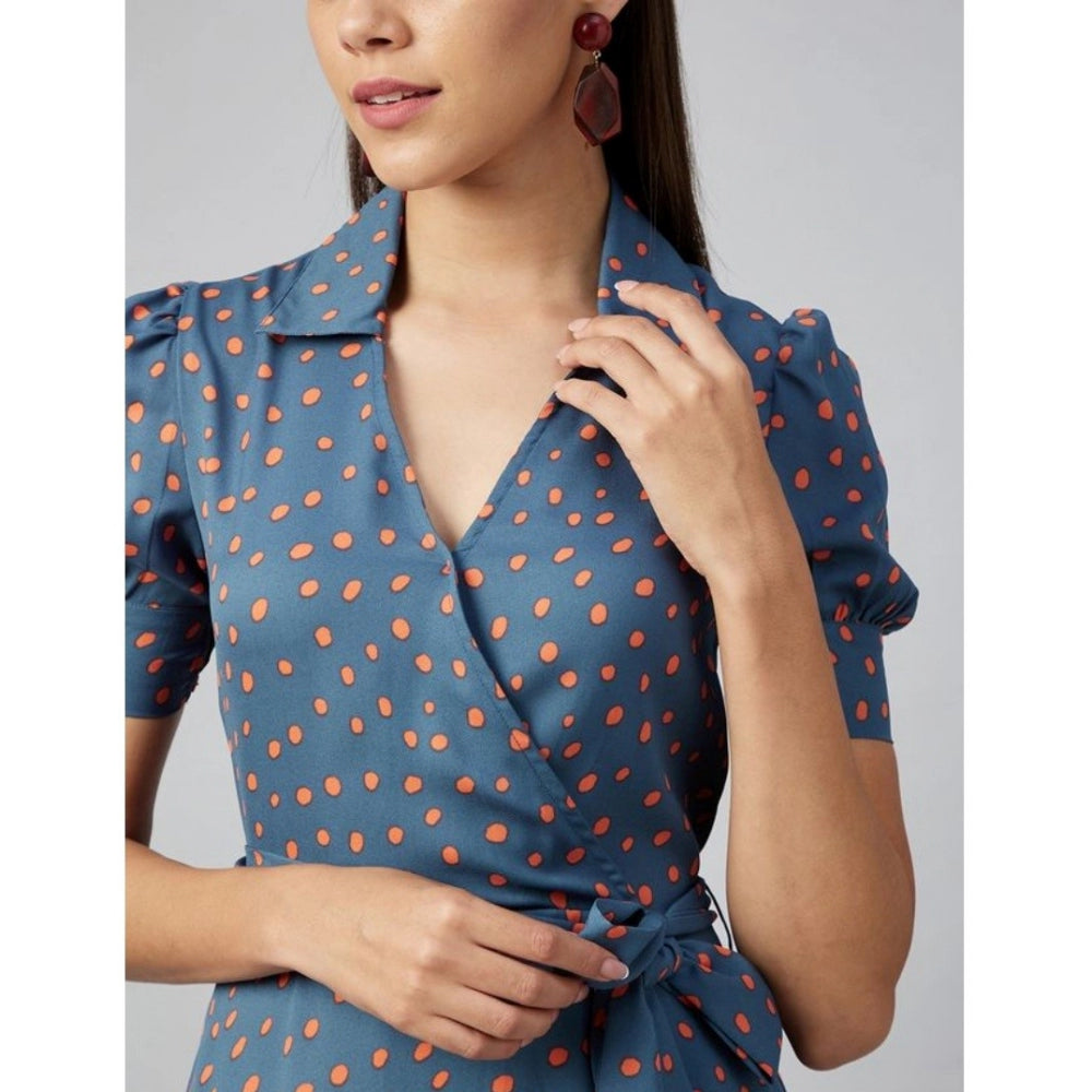 Grey polyester polka dot short sleeve dress with belt, above knee length, women's fashion